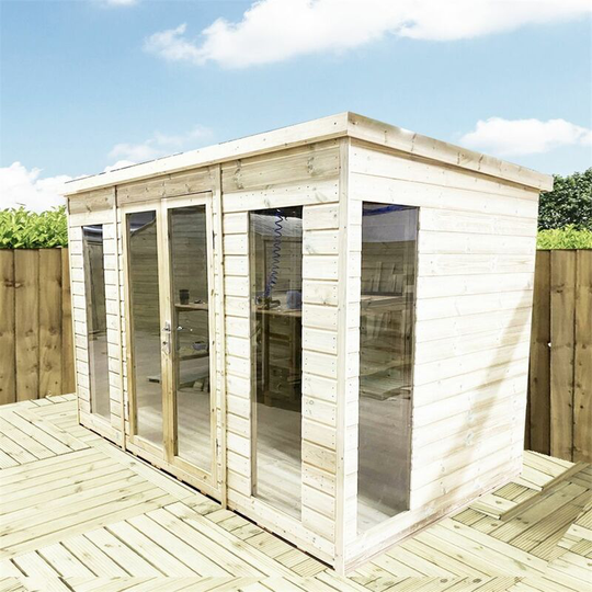 11 x 5 pent Pressure Treated Tongue & Groove Pent Summerhouse with Higher Eaves and Ridge Height Toughened Safety Glass + Euro Lock with Key