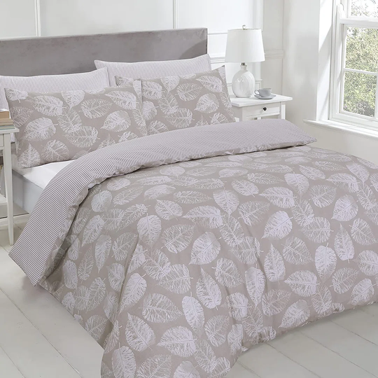 NightComfort Leaves Print Beige Cotton Rich Duvet Cover Set with Pillowcase
