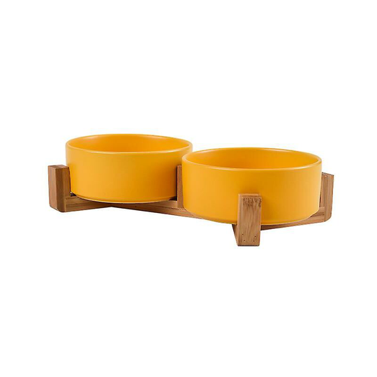Thsinde - Ceramic Cat Dog Bowl Dish With Wood Stand No Spill Pet Food Water Feeder Cats Small Dogs Pet Bowl Double Bowls-Yellow-S ssxjv