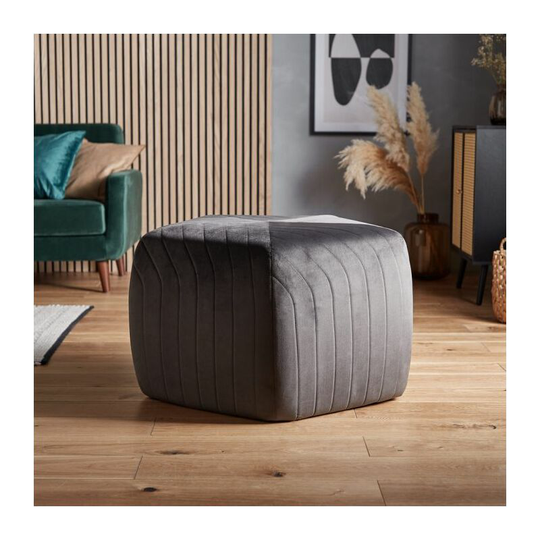 Grey Footstool - Dark Grey Velvet Stool, Footrest Pouffe Ottoman & Coffee Table Seat - Vintage Inspired Footstool for Lounge, Living & Bedroom