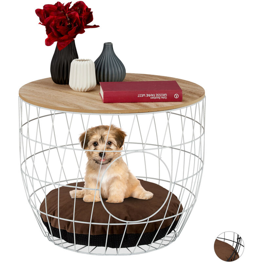 Basket Coffee Table with Pet Cave for Cats & Small Dogs, Side Stand with Pillow, HxD 40x50cm, White - Relaxdays
