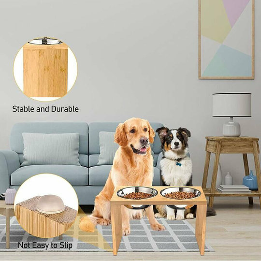 Monly - Elevated Bowls - For Dogs and Cats - Raised Bamboo Stands with 2 Stainless Steel Food and Water Bowls (40*22*18cm)