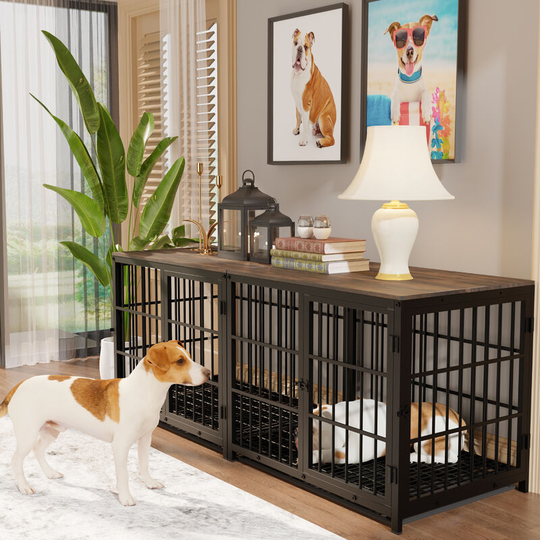 Heavy Duty Dog Kennel Wooden Dog Crate Puppy Cage End Table with Lockable Door, Black Extra Large 107 x 71 x 81cm