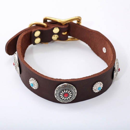 Large Dog Leather Collar Blue Stones Leather Collar with Round Rivets Available in Different Sizes