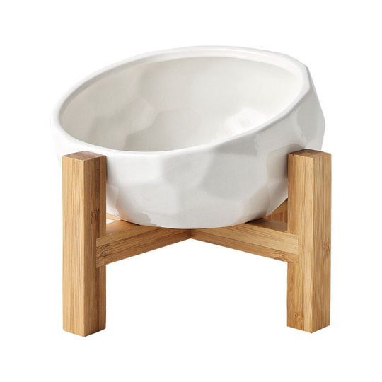 FVO - White with Stand Raised Bowl Holder Sloping Bowl for Dog and Cat Ceramic with Bamboo Stand