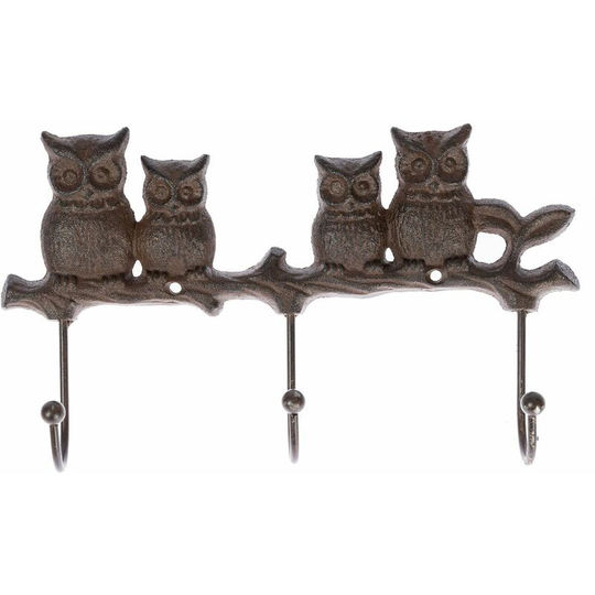 Homescapes - Brown Cast Iron Decorative Owl Wall Mounted Hooks - Brown - Brown