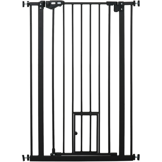 Extra Tall Dog Gate with Cat Door Auto Close for Stairs 74-80 cm Wide - Black - Pawhut