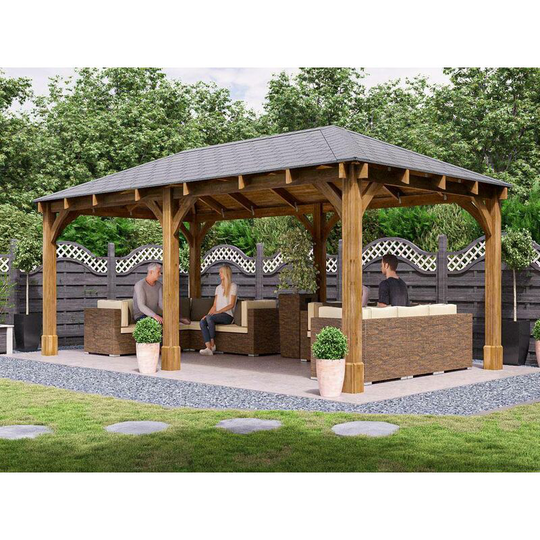 Dunster House Ltd. - Wooden Gazebo Atlas Titan 6m x 3m - Permanent Heavy Duty Pressure Treated Patio Shelter With Roof Shingles 10 Year Guarantee