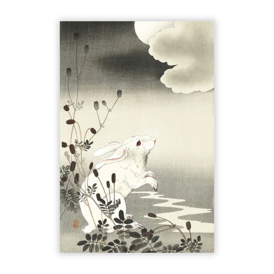 'Rabbit at Full Moon' by Ohara Koson - Unframed Painting Print on Paper