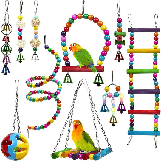 Bird Parrot Toy, 10pcs Bird Swing Toys, Colorful Pet Bird Toys with Wooden Hanging Stand for Birds, Parrots