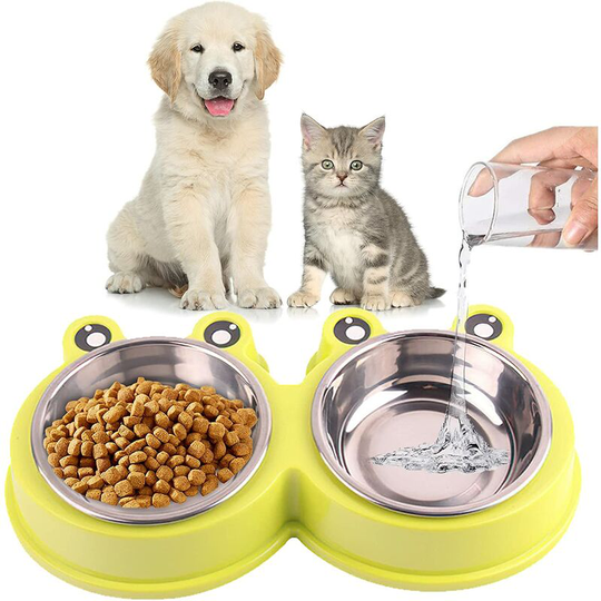 Non-Slip Dog and Cat Bowl, Double Silicone Feeding Bowls, Food Bowl, Apply for Small Dog and Cat Diet, Stainless Adjustable Pets Double Bowl (Green)
