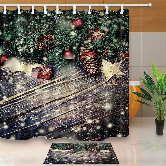 Thsinde - Vintage Decor Christmas Tree With Pine Nuts On Wooden In Snowflake Shower Curtain 160x180 Cm With Floor Doormat Bath Rugs 40x60 Cm