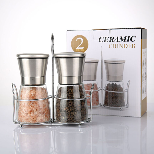2pcs Salt and Pepper Grinder, Brushed Stainless Steel and Glass Grinders, Adjustable Ceramic Grinder 19cm