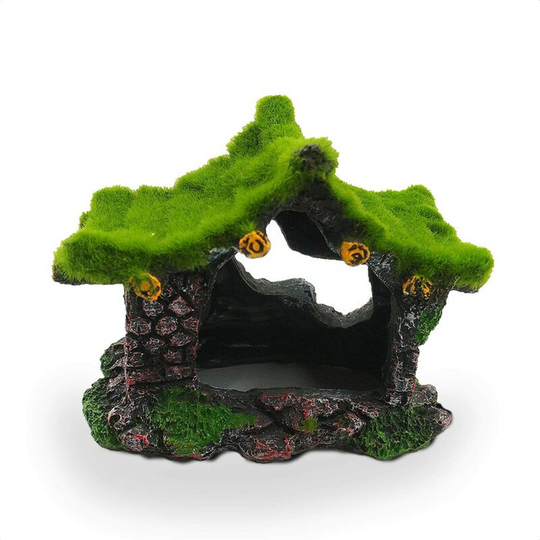 Echoo - Aquarium Ornament Artificial Resin Hollow House, Hidden Rock House with Moss, Cave for Betta Fish Small Lizard Sleep Rest Play Aquarium