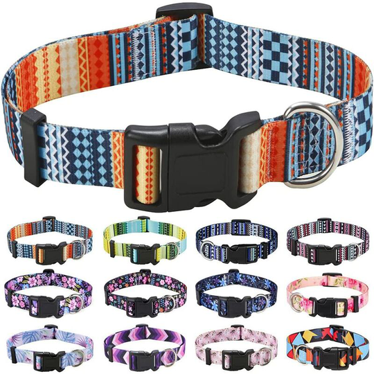 Dog Collar, Fashion Pattern with Quick Release Buckle, Bohemian, Flower, Geometric, Tribal Design, Classic Collar, for Small, Medium and Large