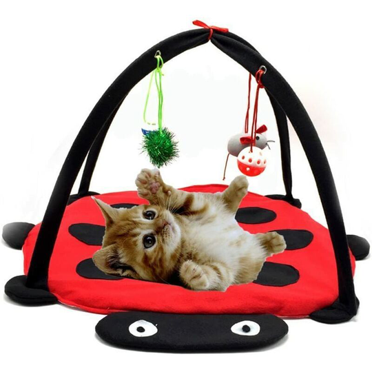 Mobile dog or cat play and activity mat, Padded pet bed with hanging toys: bells, balls and mice