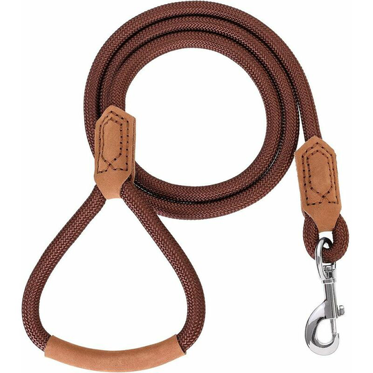 Premium Leather Dog Leash | Heavy Duty Rope Leash | Leather Handle | Solid Stainless Steel Clasp(120 cm, Dark Brown)