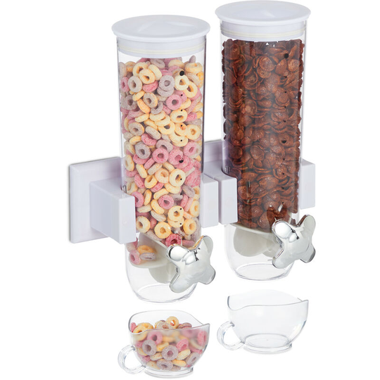 Double cereal dispenser, wall mount, cornflake holder, nut spender, 2 containers, made of plastic, in white - Relaxdays