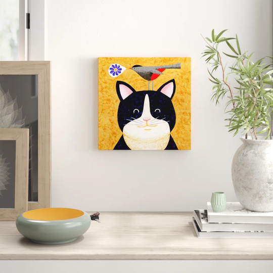 "Floral Meowsical" by Janet Nelson Painting Print on Wrapped Canvas