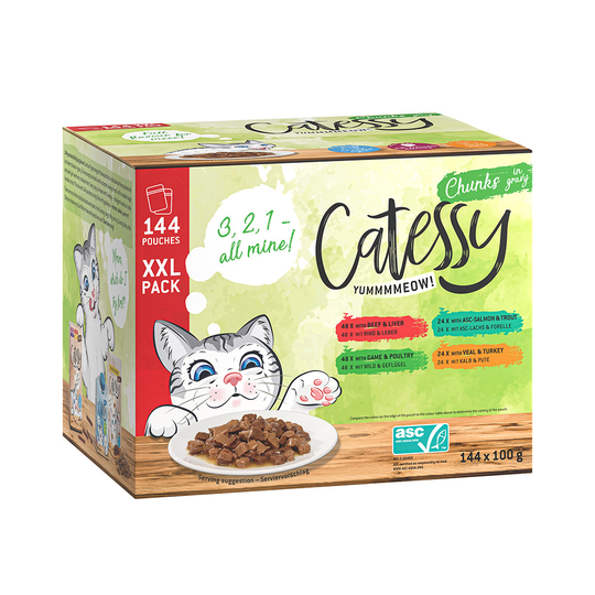 Catessy Pouches XXL Saver Pack 144 x 100g - Chunks in Sauce (4 Varieties)