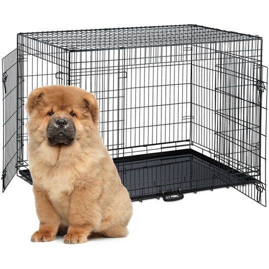 Foldable Dog Crate, for Travels with Pets or Indoors Use, Metal Bottom, 2 Doors, hwd: 87 x 122 x 80cm, Black - Relaxdays