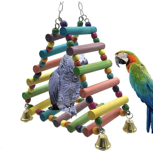 Colorful wooden parrot chew toy with chew bells and swing for small and medium sized pets