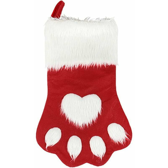 Cat Paw Shape Christmas Socks for Dogs, Plush Hanging Socks for Holiday and Christmas Decorations (Large/16.5in, White-red)