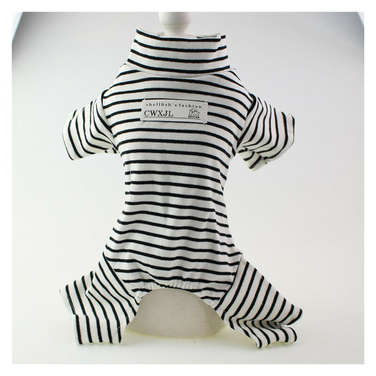 Pet clothes spring, summer, fall and winter clothes Teddy Bichon Frise dog striped four-legged jumpsuit for daily indoor and outdoor use. (M) size: