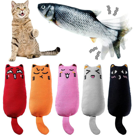 6 Pieces Cat Chew Toy Set Includes Cat Catnip Toys and Electric Moving Fish Cat Toy Bite Resistant Catnip Filled Cartoon Toy Interactive Toys for Cat