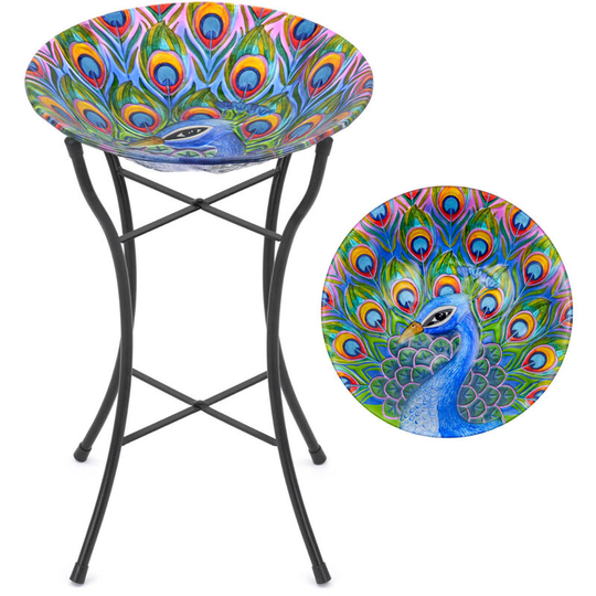 Glass Peacock Bird Bath - Multi Coloured