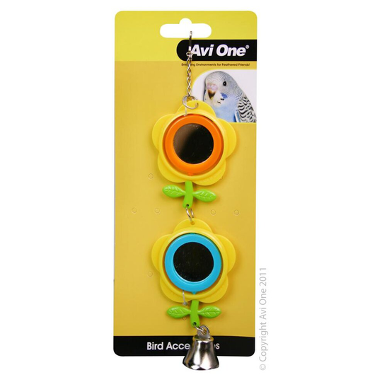 Caged Small Bird Toy Double Spinning Buttercup Bloom Mirror + Bell, Budgie
