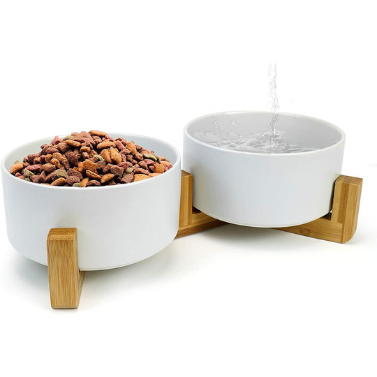 Ceramic Cat Bowl Love Bowl Non-Slip Bowl with Bamboo Stand for Dogs and Cats, Pack of 2/400ML, White