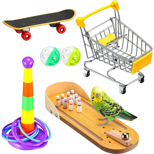 Briday - 6 Pieces Bird Training Toy Set Include Wooden Mini Desktop Bowling Shopping Cart Skateboard Intelligence Training Rings Toy Bell Balls for