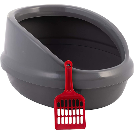 Cat litter tray with high sides, removable rim, with scoop - Grey