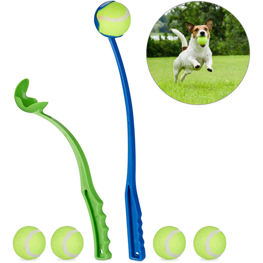 Relaxdays - Ball Thrower For Dogs, Set Of 2 Ball Launcher, Includes 5 Tennis Balls, Ball Chucker, Dog Toy, Blue/green