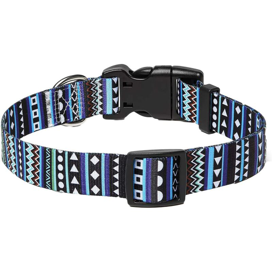 Dog Collar, Trendy Pattern, Quick Release Buckle, Bohemian, Floral, Geometric, Tribal Design, Classic Collar, (Boho Blue, s)