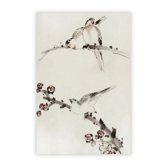 'Three Birds Perched On Blossom Branches' by Katsushika Hokusai - Unframed Painting Print on Paper