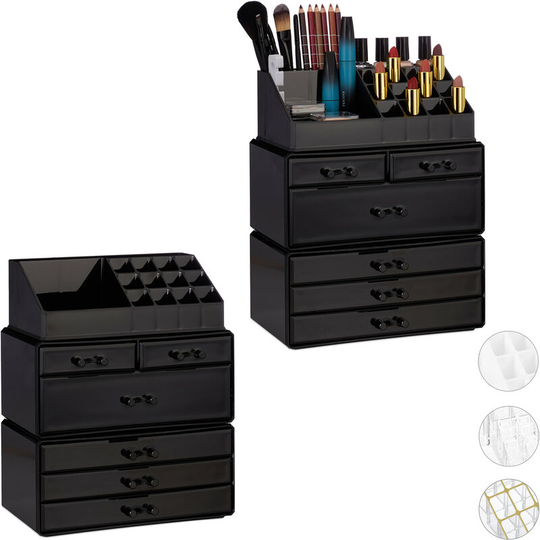 Relaxdays - Set of 2 Organiser with 6 Drawers, 22 Compartments for Makeup Storage, Acrylic Cosmetic Tower, Black