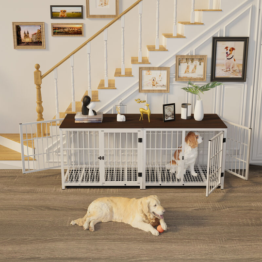 Heavy Duty Dog Kennel Wooden Dog Crate Puppy Cage End Table with Lockable Door, White Extra Large 107 x 71 x 81cm