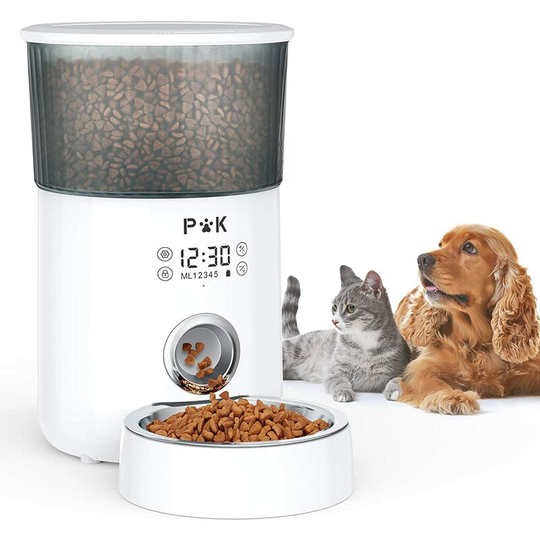 Deckon - Dry Food Dispenser for Cats and Dogs, M-80 Automatic Food Bowl, with Stainless Steel Bowl, 10 S Voice Programmable Touch Screen 1 to 5
