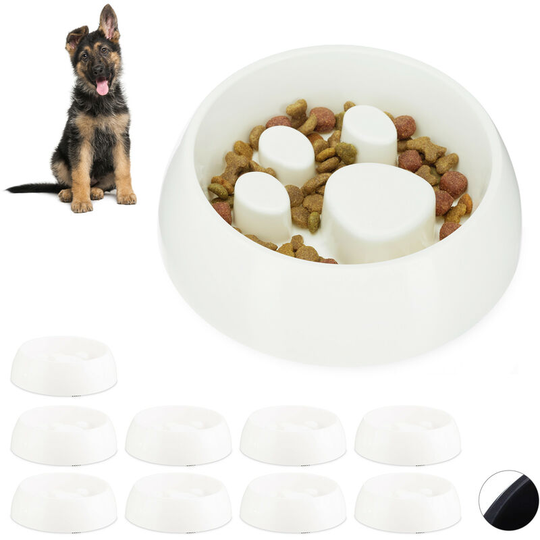 Set of 10 Relaxdays Foraging Feeding Bowl for Slow Eating, Cats & Dogs, Bloat Stop Dish, Dishwasher-Safe, White