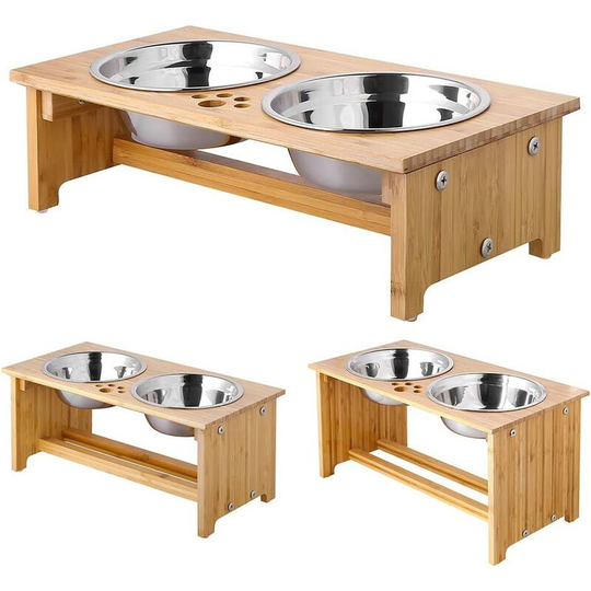 Elevated Bowls - for Dogs and Cats - Elevated Bamboo Stands with 2 Stainless Steel Water and Food Bowls - with Non-Slip Feet