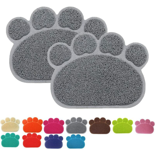 Premium Pet Food Mat,Paw Shaped pvc Bowl Feeding Mat Blanket Placemat for Cats and Dogs,40x30cm,Grey,2 Pack