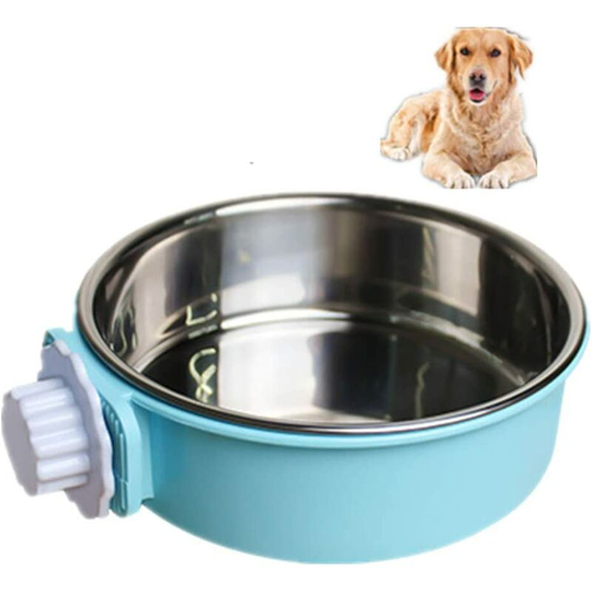 2 in 1 Clip-On Water Bowl for Dog Cage for Latte Water Tank Bowl Stainless Steel with Plastic Removable Dog Bowl for Cats and Dogs