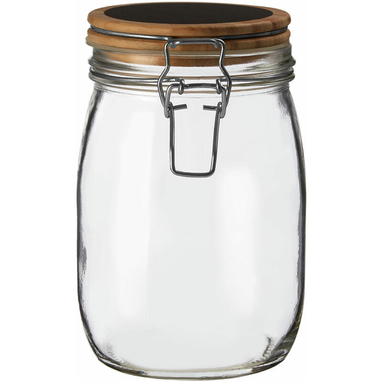 Premier Housewares Medium Glass Storage Jar With Pine Wood Lid Transparent Jars For Kitchen Storage Coffee Tea Sugar Black Chalkboard On Top 11 x 11