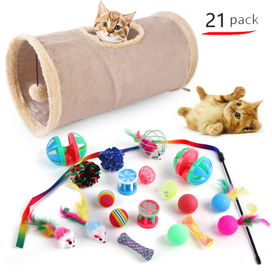 Cat Toys 21PCS Kitten Toys Set Interactive Cat Toys for Indoor Cats With Suede Cat Channel Colorful Cat Teaser Wand String Spring Hose Feather Rat