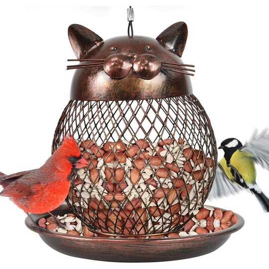 Bird Feeder for Outside, Squirrel Proof Metal Wild Bird Feeder Decoration for Hanging Outside Garden Yard, Cute Bronze Cat-Shaped,1pack