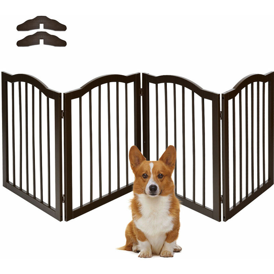 Costway - 4 Panel Folding Pet Gate with Support Feet and Arched Top, Wooden Dogs Cats Freestanding Barrier, Portable Pet Safety Fence Expands up to