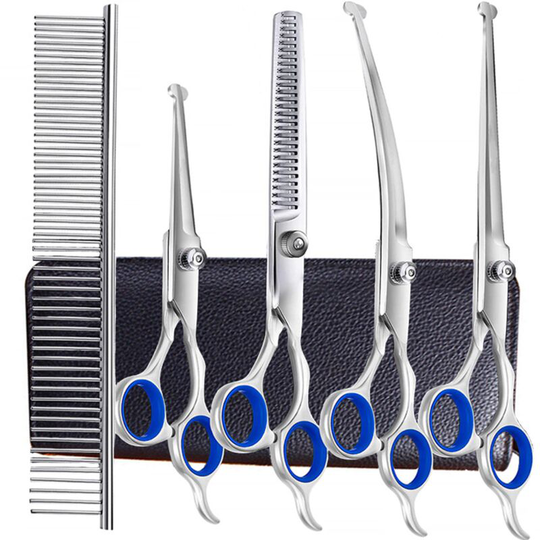 6 in 1 Professional 4CR Stainless Steel Safety Round Tip Dog Scissors for Grooming, Heavy Duty Titanium Coated Pet Grooming Scissor for Dogs, Cats