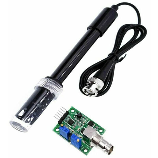 Qersta - Ph0-14 Value Detection Sensor Module + Bnc Ph Electrode Probe with Cable Ph Value Detector for Aquariums, Hydroponics, Lab, Black
